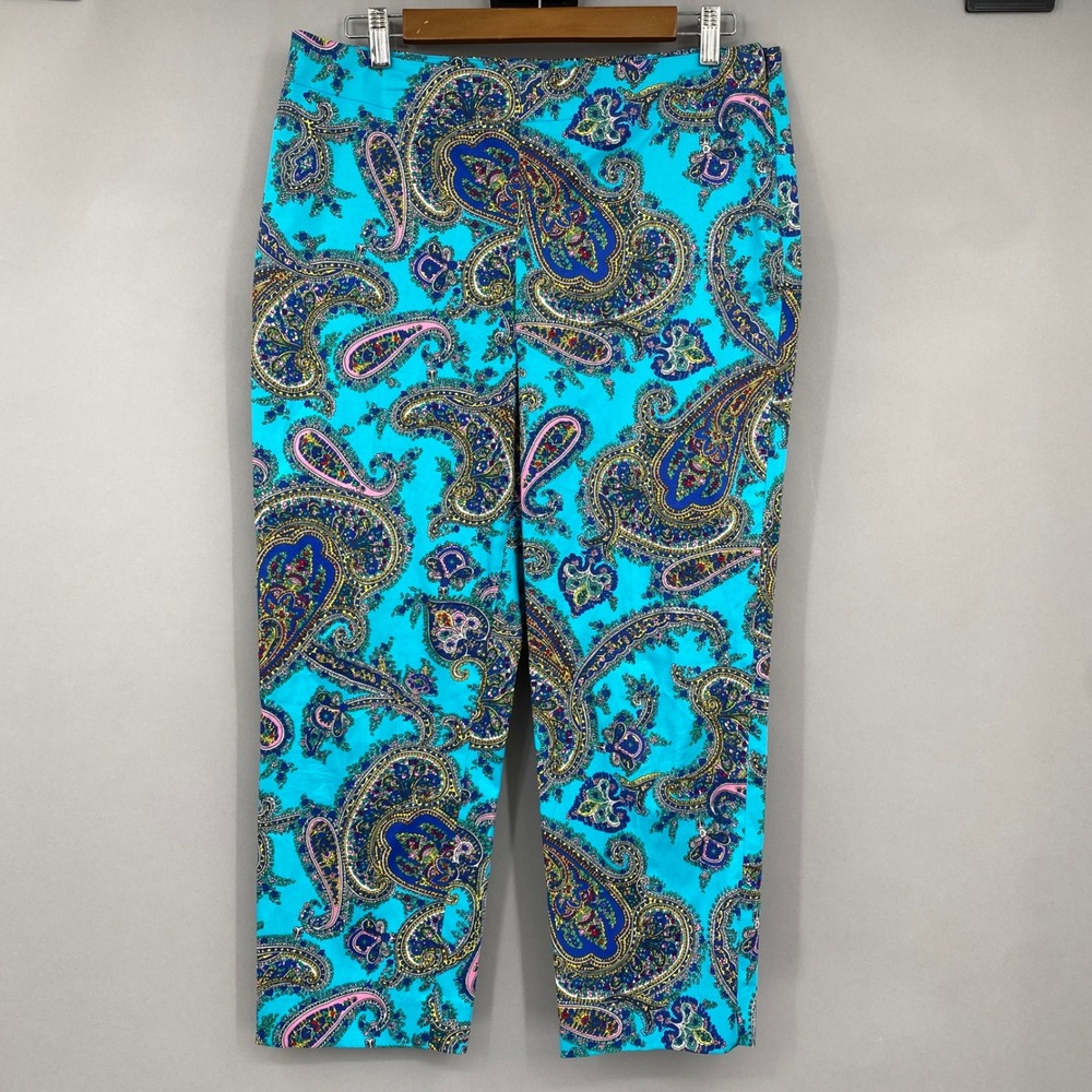 Talbots Signature Paisley Pants Womens 10 Turquoise Cropped Side Zip Stretch